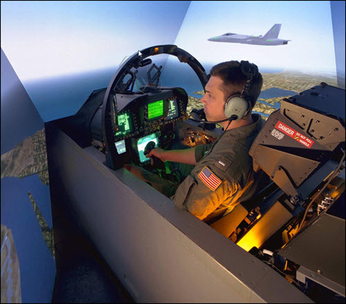 Pilot using flight simulator